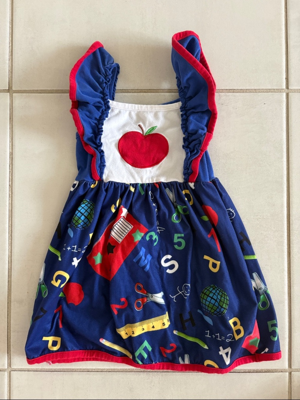 Girls Blue School-Themed Dress with Red Apple